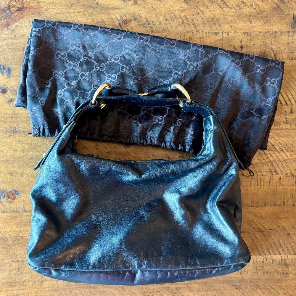 Vintage GUCCI Black Leather Medium Horsebit Hobo Shoulder Bag